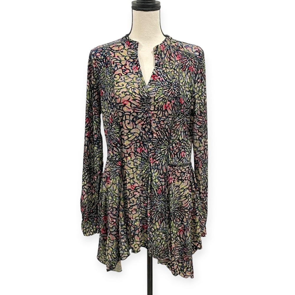 Sno Skins Dark Boho Velvet Burnout Asymmetric Tunic Top Women L Casual USA Made